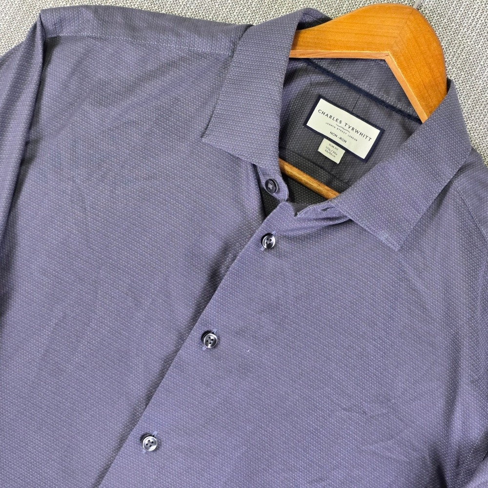 Charles Tyrwhitt Mens 17.5 34 Slim Fit Dress Shirt Charcoal Gray Dobby Non Iron